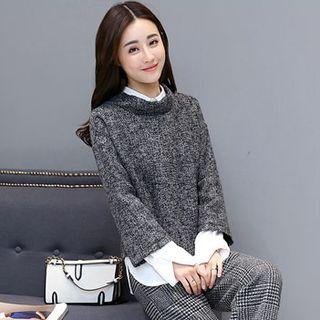 Set: Shirt + Melange Knit Top + Plaid Wide-leg Pants