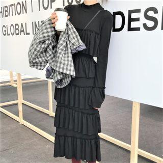 Long-sleeve Mock-neck Tiered Midi Dress Black - One Size