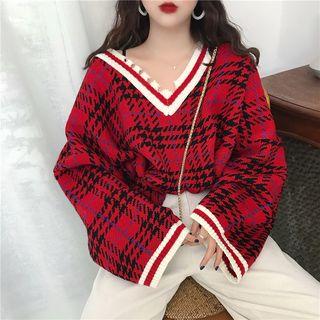 Plaid V-neck Sweater Red - One Size