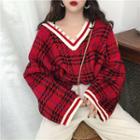 Plaid V-neck Sweater Red - One Size