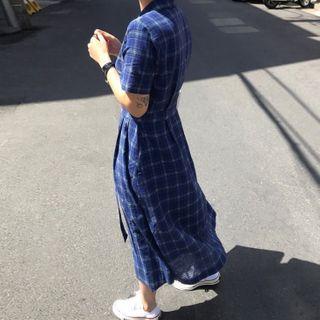 Short-sleeve Plaid A-line Midi Shirtdress As Shown In Figure - One Size