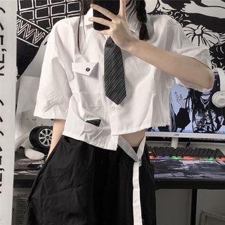Set: Short-sleeve Asymmetrical Crop Shirt + Striped Tie