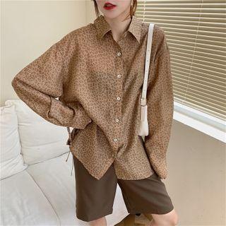Leopard Print Long-sleeve Shirt / Plain Straight-cut Shorts