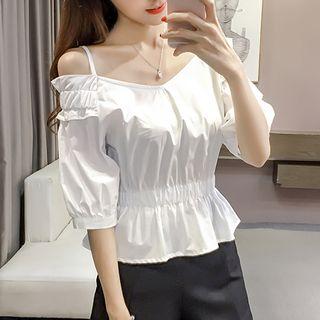 Elbow-sleeve Off Shoulder V-neck Top