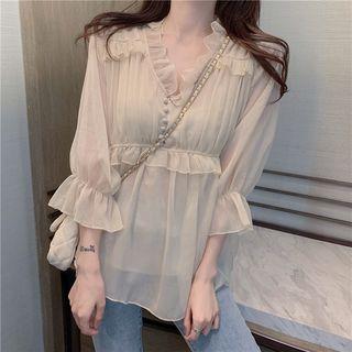 3/4-sleeve Chiffon Top Almond - One Size