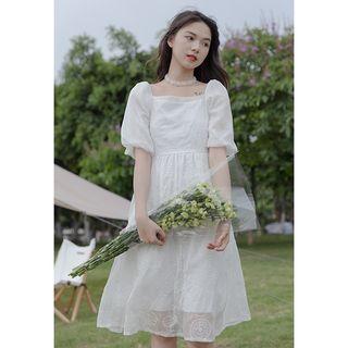 Puff-sleeve Flower Embroidered A-line Dress White - One Size