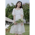 Puff-sleeve Flower Embroidered A-line Dress White - One Size