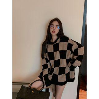 Checker Print Cardigan Black & Almond - One Size