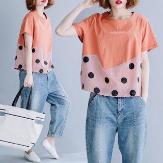 Short-sleeve Dotted Panel Top Tangerine Red - One Size