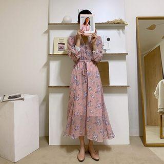 V-neck Lace-trim Floral Dress With Sash