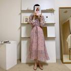 V-neck Lace-trim Floral Dress With Sash