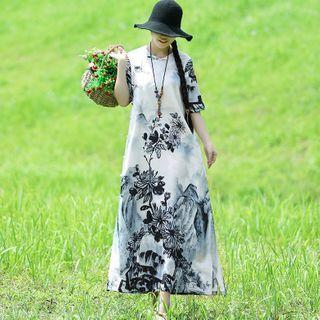 Elbow-sleeve Printed Frog-button Maxi A-line Dress