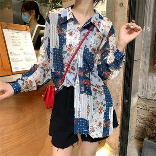 Long-sleeve Color Block Floral Chiffon Shirt As Shown In Figure - One Size