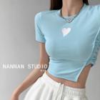 Heart-embroidered Drawstring Crop T-shirt