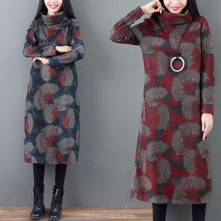 Long-sleeve Turtleneck Print Midi Dress