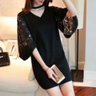 Elbow-sleeve Lace Panel Knit Dress