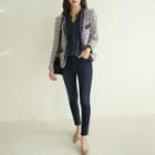 Collarless Piped Tweed Blazer Blue - One Size