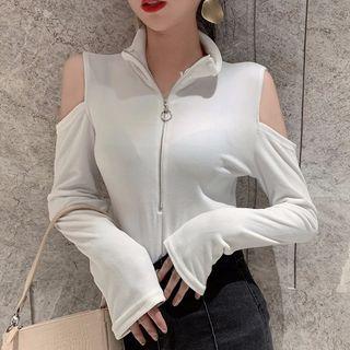 Long-sleeve Cold Shoulder Zipped Top White - One Size