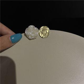 Asymmetrical Rose Stud Earring 1 Pair - Silver - Metal - Rose - White - One Size