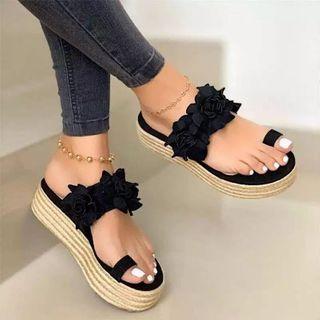 Flower Applique Platform Flat Slide Sandals
