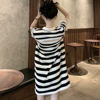 Polo Short-sleeve Button Panel Striped T-shirt Dress