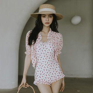 Set: Floral Print Swimsuit + Light Jacket