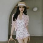 Set: Floral Print Swimsuit + Light Jacket
