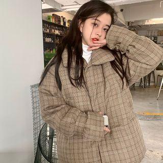 Long-sleeve Collared Plaid Padded Coat Plaid - Khaki - One Size