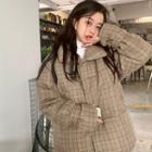Long-sleeve Collared Plaid Padded Coat Plaid - Khaki - One Size