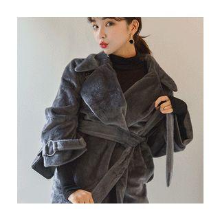 Open-front Faux-fur Jacket With Sash