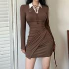 Long-sleeve Collar Lace-up Mini Sheath Dress