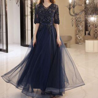 Elbow-sleeve Embellished Mesh A-line Gown