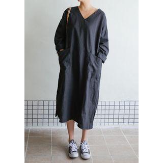 V-neck Linen Blend Long Dress