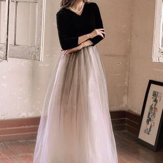 Long-sleeve Mock Two-piece Mesh A-line Dress