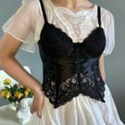 V-neck Lace-panel Velvet Crop Camisole Top
