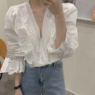 Puff Long-sleeve V-neck Plain Panel Lace Blouse