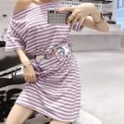 Striped Short-sleeve T-shirt Dress As Shown In Figure - One Size