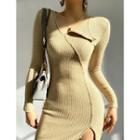 Long-sleeve Asymmetrical Button-up Knit Sheath Dress