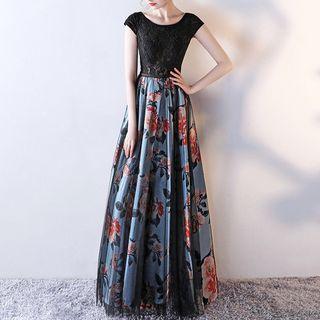 Short-sleeve Lace Panel Floral Print A-line Evening Gown