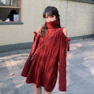 High-neck Off-shoulder Bow Knit Top