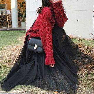 Set: Turtleneck Chunky Knit Sweater + Midi Mesh Skirt