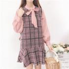 Mock Two-piece Long-sleeve Plaid Dress Pink - One Size