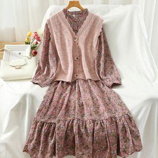 Set: Floral Midi A-line Dress + Button Knit Vest