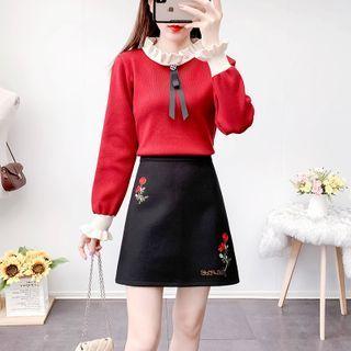 Set: Contrast Trim Knit Top + Embroidered Skirt