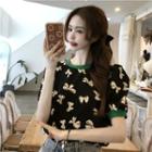 Round-neck Bow Color Block Short-sleeve Top