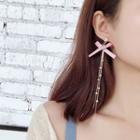 Bow & Bead Fringed Earring Stud Earring - Long - Pink Bow - Gold - One Size