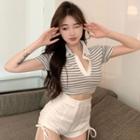 Short-sleeve Collar Striped Cropped T-shirt / Drawstring Hot Pants