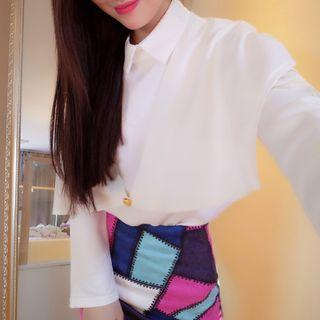 Set: Mock Two-piece Cape Blouse + Color Block Mini Pencil Skirt