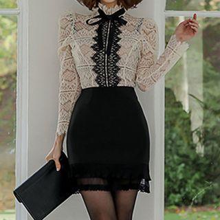Set: Bow Contrast Trim Lace Blouse + Lace Trim Pencil Skirt