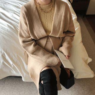 Set: Tie-waist Wool Blend Cardigan + Wrap-front Midi Skirt